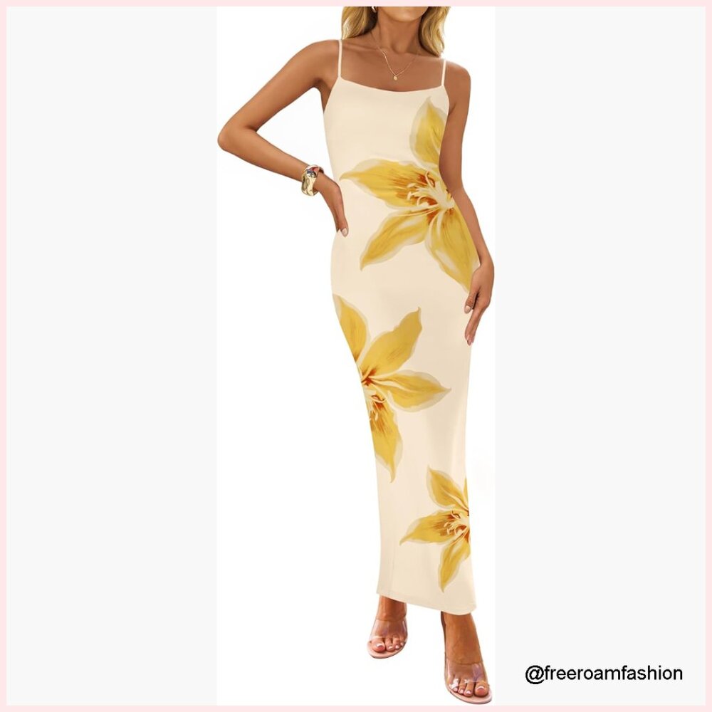 Summer Maxi Dress Bodycon Floral Spaghetti Strap Square Neck Boho Beach